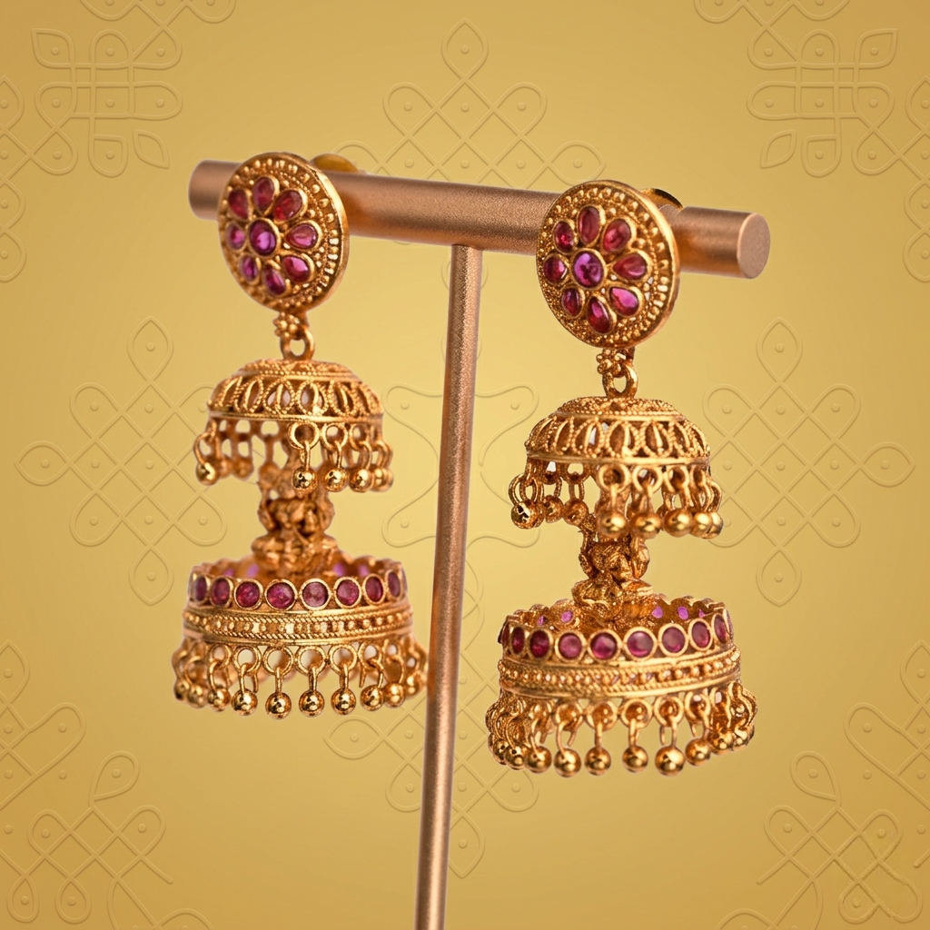 Antique Finish Lakshmi Jumka-Ruby alternate angle - Avalna